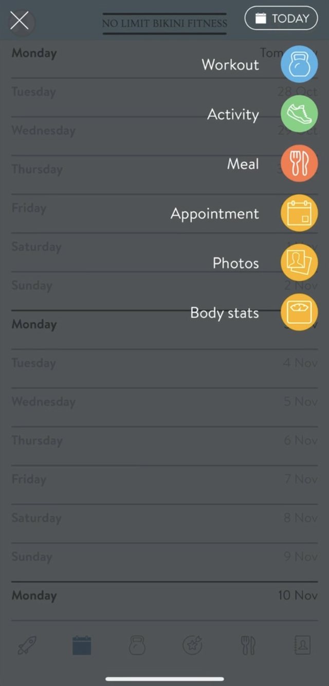 App screen: log workouts, meals, photos and body stats
