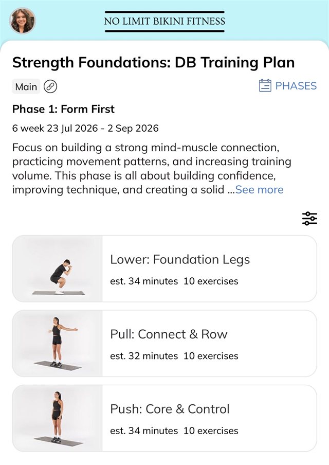 Your custom training plan inside the No Limit Bikini Fitness coaching app